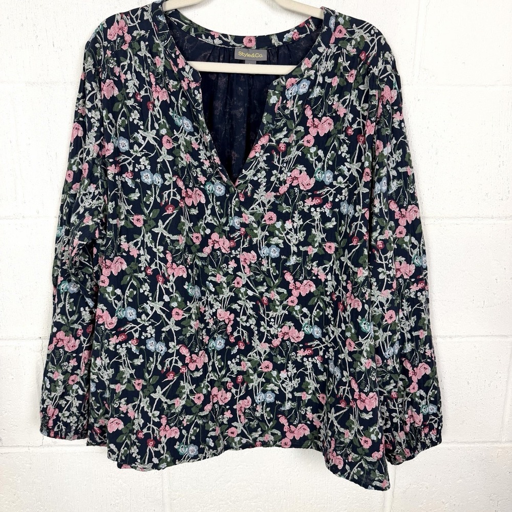 Style & Co Popover Top 100% Cotton Blue Floral Bloom Garden Peasant Romantic 3X